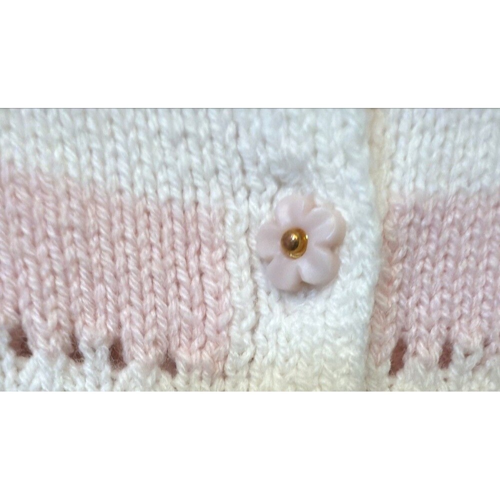 Dainty Whimsical Pink White Stripe Flower Buttons Lettuce Hem Cardigan Sweater L